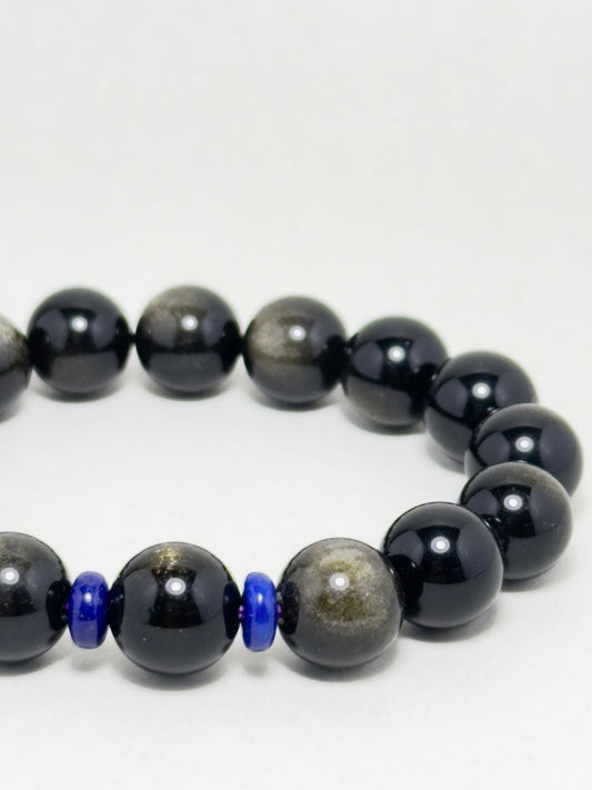 Handmade bracelet with 10mm Golden Obsidian beads and Lapis Lazuli spacers